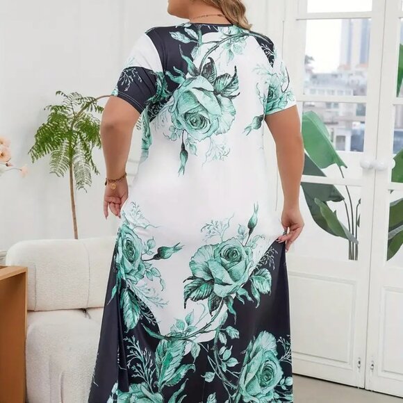 Women's Plus Size Elegant Floral Print Color Block Long Maxi Dress 16W & 20W - Picture 3 of 11